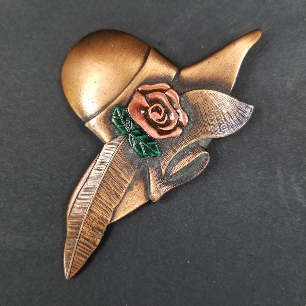Vintage Copper Tone Sun Hat Brooch with Rose and Feather Detail Enamel Accent